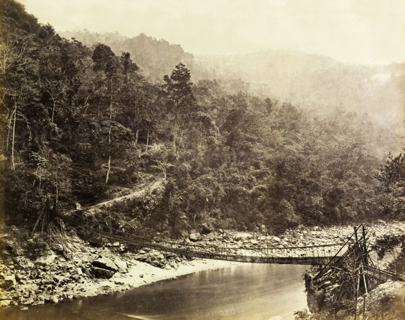 Bamboo rope bridge. A bamboo rope bridge suspended across the Rungeet River. Darjeeling, India, circa 1885. Darjeeling, West Bengal, India, Southern Asia, Asia.