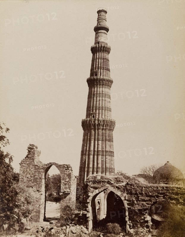 Qutb Minar, circa 1880. View of the Qutb Minar, one of the greatest monuments of Islamic architecture in India. At 72.5 metres tall, the celebratory victory tower was built to accompany the Quwwat-ul-Islam mosque, and was probably inspired by the style of Afghan minarets. Delhi, India, circa 1880. Delhi, Delhi, India, Southern Asia, Asia.