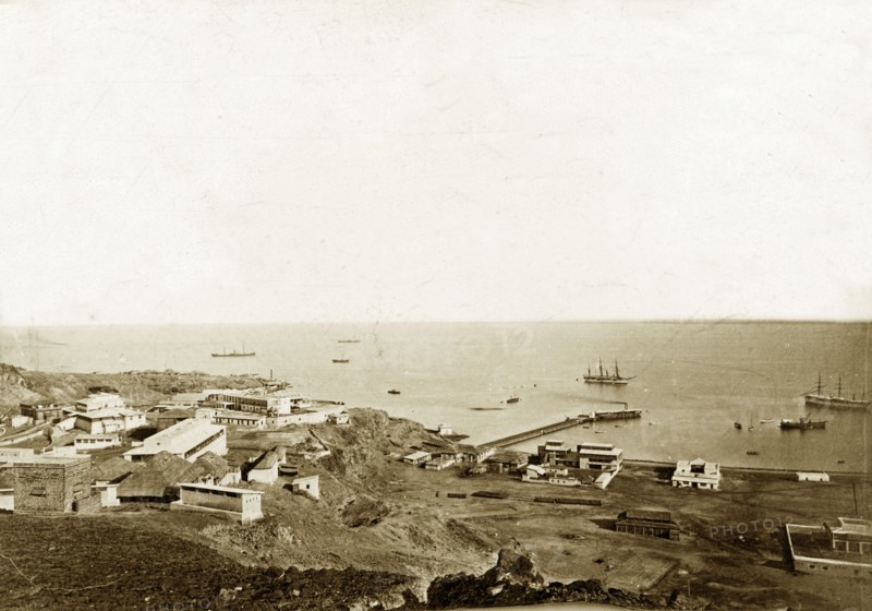 Aden Harbour. View looking out to sea of Aden Harbour. Aden, Yemen, circa 1885. Aden, Adan, Yemen, Middle East, Asia.