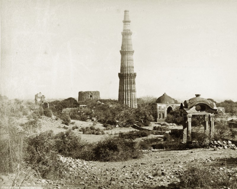 Qutb Minar, circa 1880. View of the Qutb Minar, one of the greatest monuments of Islamic architecture in India. At 72.5 metres tall, it was built as a celebratory victory tower to accompany the Quwwat-ul-Islam mosque, and was probably inspired by the style of Afghan minarets. Delhi, India, circa 1880. Delhi, Delhi, India, Southern Asia, Asia.