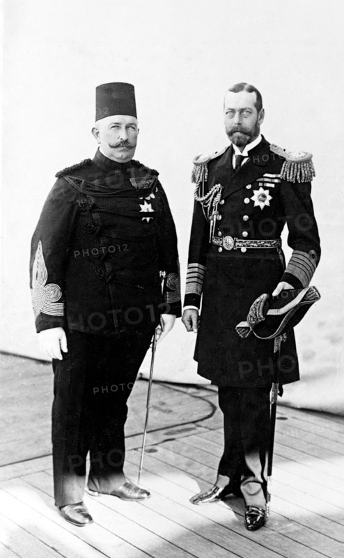 Khedive of Egypt and King George V. Abbas Hilmi, Khedive of Egypt, and King George V (r.1910-36), pictured aboard HMS Medina on their way to India for the Coronation Durbar at Delhi. Port Said, Egypt, 21 November 1911. Port Said, Port Said, Egypt, Northern Africa, Africa.