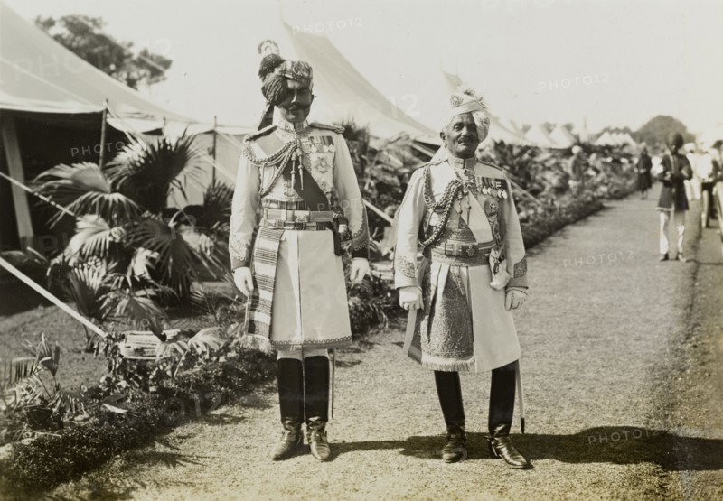 The Maharajahs of Bikanir and Idar. Portrait of Sir Ganga Singh, the Maharajah of Bikanir, and Sir Pertab Singh, the Maharajah of Idar, pictured in the tent city at the Coronation Durbar. Delhi, India, 7-15 December 1911. Delhi, Delhi, India, Southern Asia, Asia.