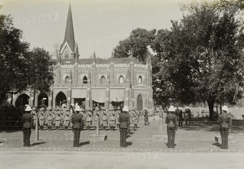 Inspection of the Bihar Light Horse. King George V (r.1910-36) inspects the Bihar Light Horse regiment outside a church in Arrah. The King stopped here on his way to Nepal following the Coronation Durbar that took place in Delhi on 12 December. Arrah, Bihar, India, 17 December 1911. Arrah, Bihar, India, Southern Asia, Asia.