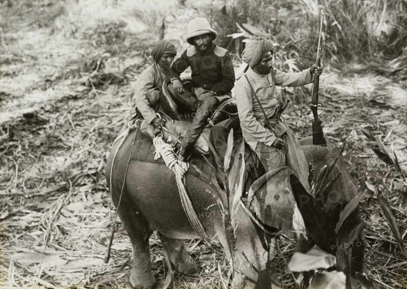 The Maharajah of Nepal. Chandra Shamsher Jang, the Maharajah of Nepal, rides on the back of an elephant during a royal hunting trip with King George V in Chitwan Valley. Narayani, Nepal, 18 December 1911., Narayani, Nepal, Southern Asia, Asia.