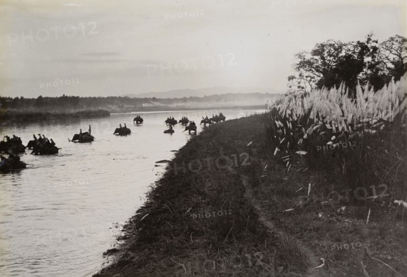 Return to camp. Mounted on elephants, King George V's royal hunting party crosses a river at sunset on its way back to camp in Chitwan Valley. Narayani, Nepal, circa 20 December 1911., Narayani, Nepal, Southern Asia, Asia.