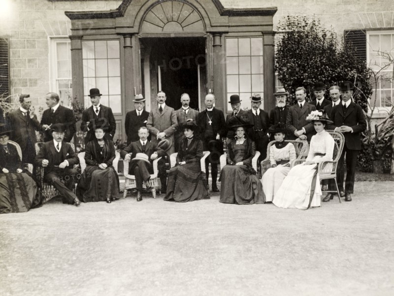 Duke of Connaught in St Helena. The Duke and Duchess of Connaught assemble for a photograph with European dignitaries outside Government House. This was one of several stops made by the royal couple on their way to Cape Town to open the new Union Parliament. St Helena, 25 October 1910. St Helena, Atlantic Ocean, Africa.