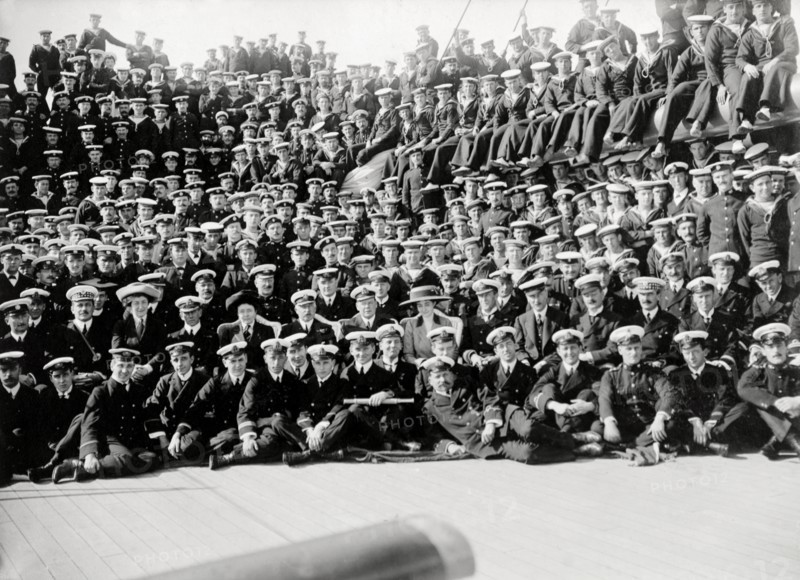 Crew of the S.S. Balmoral Castle. The Duke and Duchess of Connaught (second row) assemble for a photograph on deck with the crew of the S.S. Balmoral Castle. Highly decorated servicemen are positioned near the front, whilst lower-ranking officers gather at the back. Durban, Natal (KwaZulu Natal), South Africa, circa 2 December 1910. Durban, KwaZulu Natal, South Africa, Southern Africa, Africa.