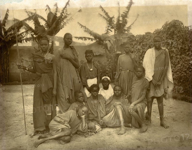 Liberated slaves, Egypt. Outdoors portrait of a group of young women following their liberation from slavery. Egypt, circa 1885. Egypt, Northern Africa, Africa.