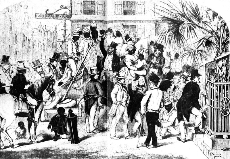 Slave auction at Charleston. Prospective American buyers haggle over a group of imported African slaves being sold at an auction in the centre of town. Charleston, South Carolina, United States of America, 1856. Charleston, South Carolina, United States of America, North America, North America .