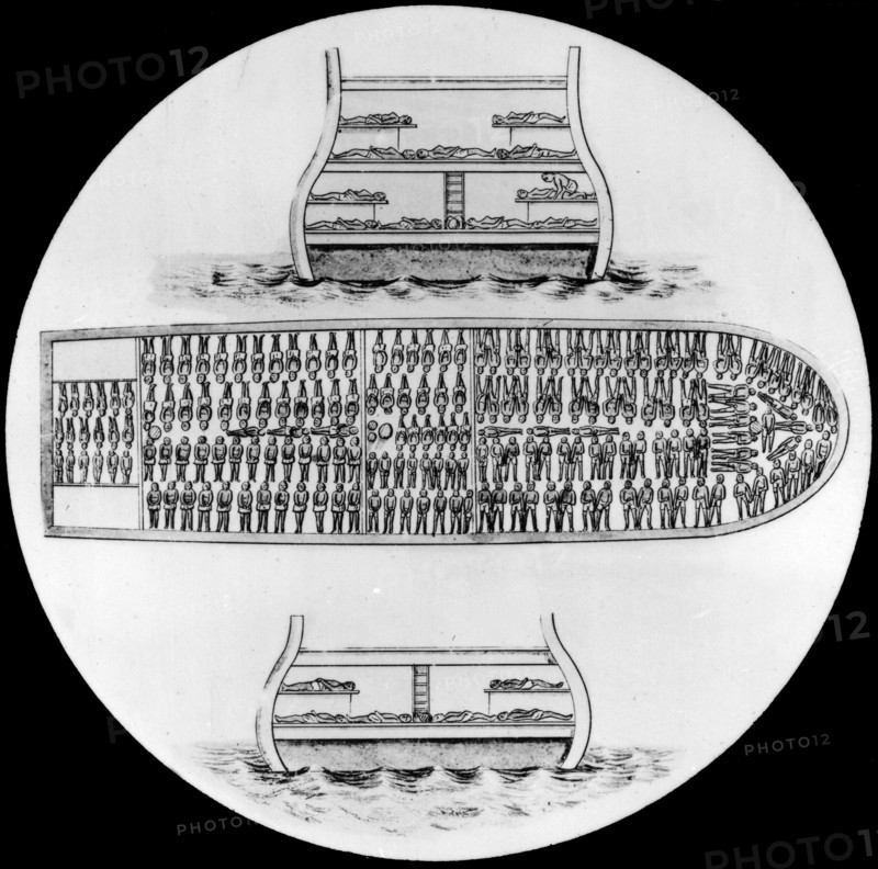 Diagram of a slave ship. Diagram showing cross-sections of a trans-Atlantic slave ship. The drawing illustrates how space on board could be optimised to accomodate as many slaves as possible. Location unknown, circa 1800.