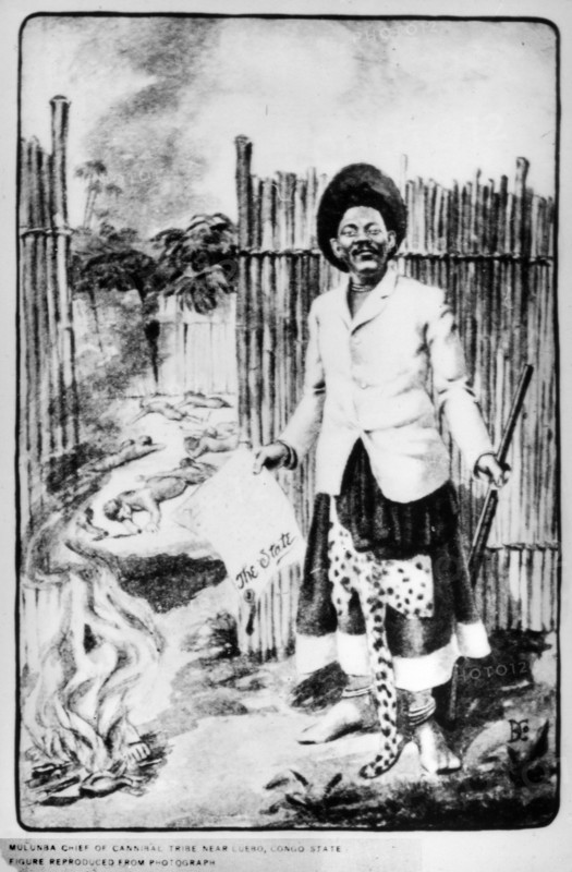 Chief of a cannibal tribe'. Portrait of a Congolese chief identified as 'Mulunba'. Reports by missionaries visiting the Congo Free State suggested that Mulunba's people were cannibals, eating the remains of victims murdered under King Leopold II's terror regime. Near Luebo, Congo Free State (Democratic Republic of Congo), circa 1900. Luebo, Kasai, Congo, Democratic Republic of, Central Africa, Africa.