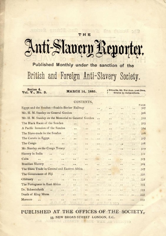 Anti Slavery Reporter', March 1885. Title page of the 'Anti-Slavery Reporter', a magazine established in 1825 that campaigned vigorously for the abolition of slavery throughout the world. England, 14 March 1885. England (United Kingdom), Western Europe, Europe .