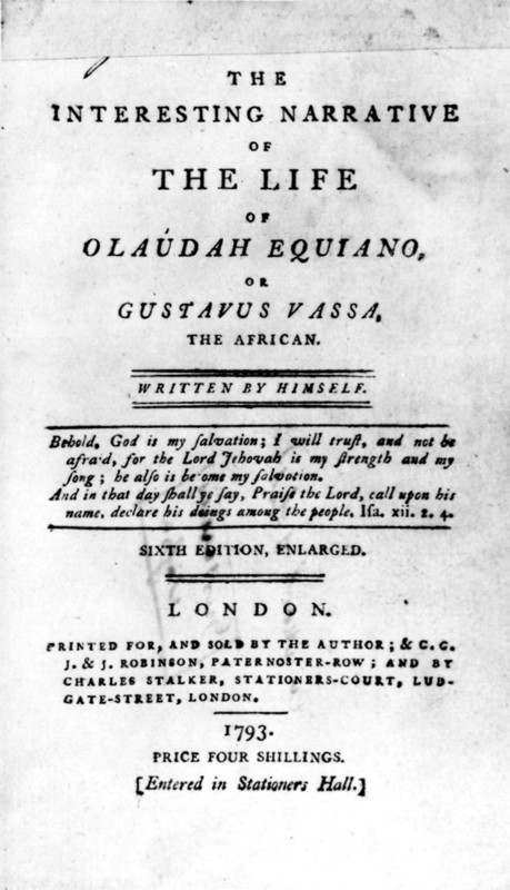 The Interesting Narrative'. Title page of 'The Interesting Narrative of the Life of Olaudah Equiano', a book written by Equiano himself in 1789. Equiano was a former Nigerian slave who earned his freedom in the Americas and moved to England, later becoming famous as a writer supporting the anti-slavery cause. England, 1793. England (United Kingdom), Western Europe, Europe .