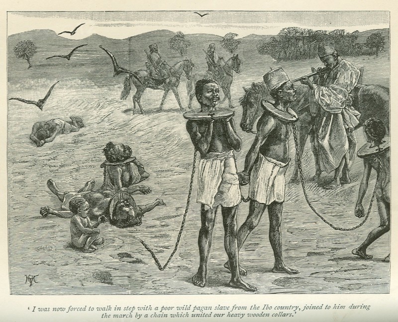 Slave gang attacked. A book illustration depicts a Sudanese slave gang, tethered together by chains that unite their wooden neck collars. Two slaves lie dead in the road, shot by their master who aims his rifle at another, ready to fire. Sudan, 1889. Sudan, Eastern Africa, Africa.