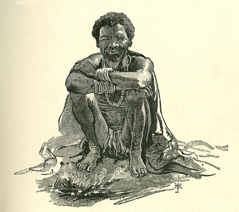 Portrait of a Sudanese slave. Illustration of a Sudanese slave, squatting on the ground beside by a fire. Sudan, circa 1889. Sudan, Eastern Africa, Africa.