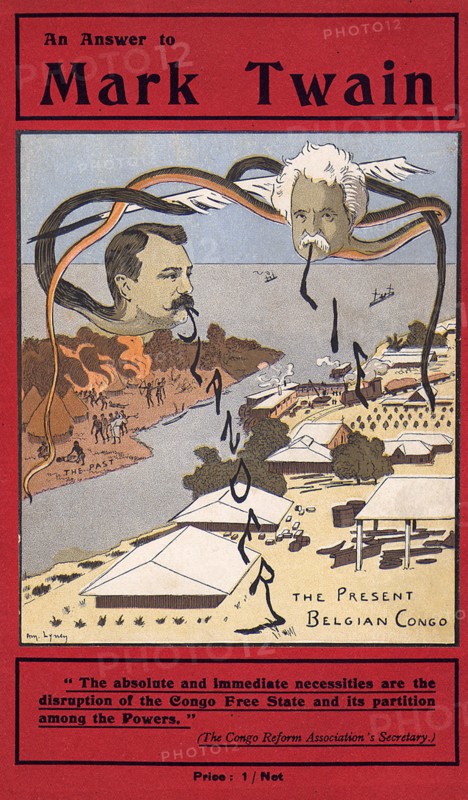 An Answer to Mark Twain'. The cover of 'An Answer to Mark Twain', a piece of propaganda issued by King Leopold II in response to Mark Twain's 'Soliloquy', which attacked his governance of the Congo Free State. The cover illustration depicts a river dividing past from present, with Twain and Morel, both supporters of the Congo Reform Association, represented as snakes speaking words of slander. Congo Free State (Democratic Republic of Congo), circa 1906. Congo, Democratic Republic of, Central Africa, Africa.