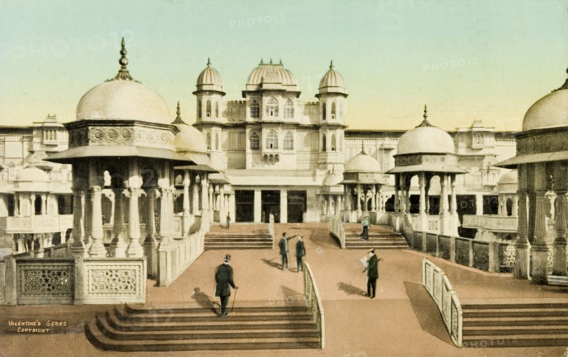 Franco-British Exhibition. Entrance to the 'Court of Honour' at the Franco-British Exhibition, an elaborate pavilion designed around an artificial lake. An original caption comments: 'All this is illuminated in the evening and is very pretty'. London, England, July 1908. London, London, City of, England (United Kingdom), Western Europe, Europe .