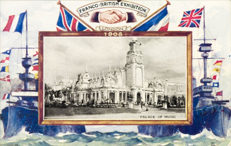 Postcard from the Franco-British Exhibition. Illustrated postcard from the Franco-British Exhibition. An illustration of the exhibition's Palace of Music is superimposed onto a painting depicting French and British naval ships decorated with flags. London, England, July 1908. London, London, City of, England (United Kingdom), Western Europe, Europe .