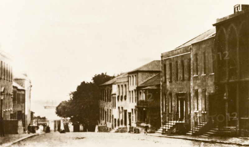 Main Street, Jamestown. View down Main Street looking towards the coast. Jamestown, St Helena, circa 1950. Jamestown, St Helena, St Helena, Atlantic Ocean, Africa.