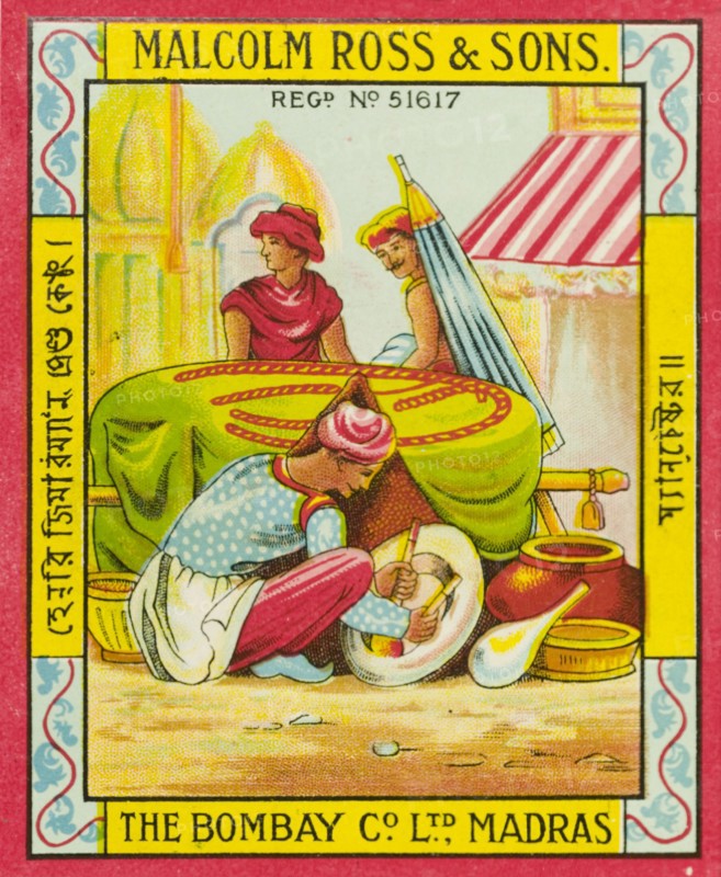Label for a fabric bolt. Label for a fabric bolt, designed and printed for the textile merchants Malcolm Ross & Sons and The Bombay Company Ltd. Madras, Madras Presidency (Chennai, Tamil Nadu), India, 1910. Chennai, Tamil Nadu, India, Southern Asia, Asia.