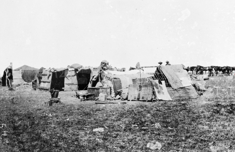 Royal Field Artillery bivouac, South Africa. View of a British Army bivouac during the Second Boer War (1899-1902). The temporary military encampment belonged to the 64th Battery Royal Field Artillery and comprised makeshift tents made from scrap material. South Africa, circa 1900. South Africa, Southern Africa, Africa.