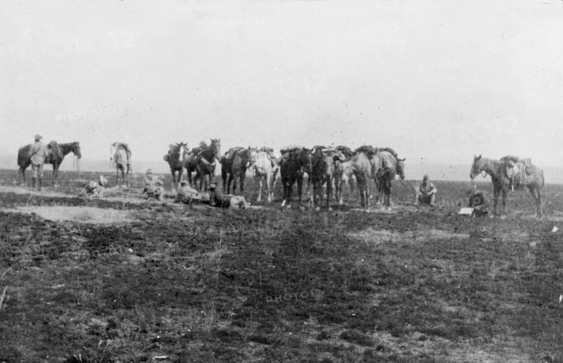 A cavalry unit rests, South Africa. A group of officers from a British Army cavalry unit pause for a rest as they journey across open country during the Second Boer War (1899-1902). South Africa, circa 1900. South Africa, Southern Africa, Africa.