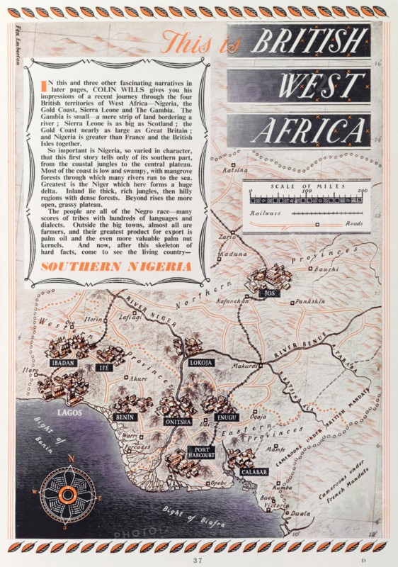 Map of 'British West Africa', 1952. A page taken from the 1952 'Empire Youth Album', entitled 'This is British West Africa', is illustrated with a scale map showing the location of British territories in western Africa including Nigeria, the Gold Coast, Sierra Leone and the Gambia. Western Africa, 1952., Western Africa, Africa.