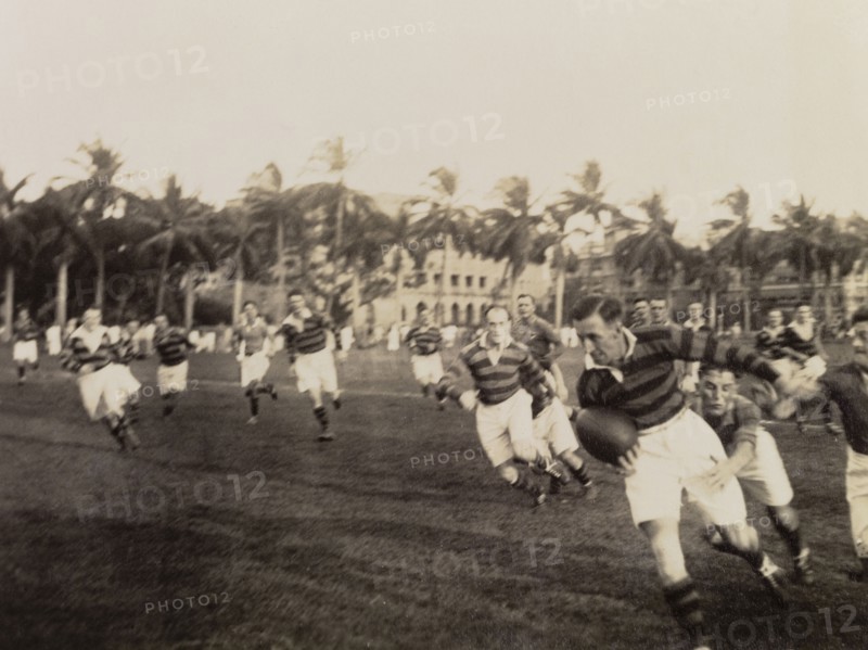 Bombay Rugby Team league match. An action shot of the Bombay Rugby Team during a league match. Bombay (Mumbai), India, circa 1926. Mumbai, Maharashtra, India, Southern Asia, Asia.