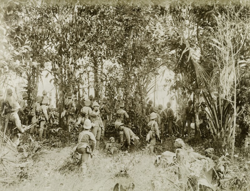 Assault on Kyaing-Kwintaung. Soldiers of the Second Devonshire Regiment, led by General Wolseley, re-enact their successful assault on the Kyaing-Kwintaung stockade. The stronghold was seized from the Saopha of Wuntho and his rebel supporters, who opposed British attempts to annex areas of Burma (Myanmar). Sagaing, Burma (Myanmar), 1891., Sagaing, Burma (Myanmar), South East Asia, Asia.