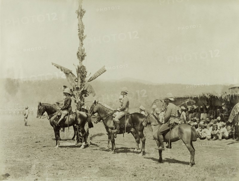 General Wolseley inspects troops. General Wolseley and other senior British Army officers sit mounted on horseback as they inspect their troops. The group of Burmese men huddled together behind them may be rebels captured by the British during a conflict at Wuntho. Sagaing, Burma (Myanmar), 1891., Sagaing, Burma (Myanmar), South East Asia, Asia.