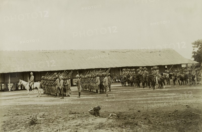 The Ye-U Battalion of Military Police. Indian officers from the Ye-U Battalion of Military Police stand to attention, their guns held upright. Led by Captain Hutchinson, the company supported the British Army in a campaign to suppress Burmese rebels in Wuntho State (today known as the Sagaing Division). Sagaing, Burma (Myanmar), 1891., Sagaing, Burma (Myanmar), South East Asia, Asia.