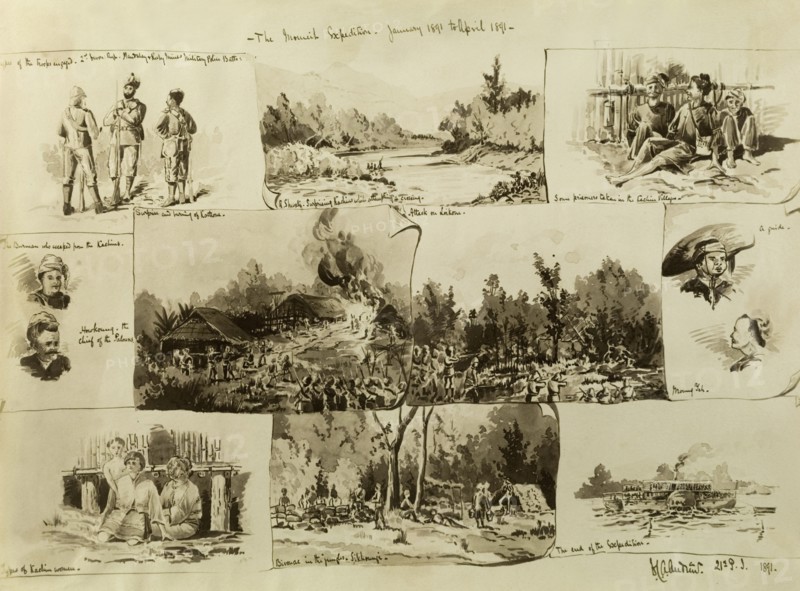 A military expedition in Burma (Myanmar). A series of small watercolour sketches recounts a British Army expedition to Burma (Myanmar) at the time of the country's annexation by the British. As well as battle scenes, there are several portraits of prisoners and of various Burmese villagers encountered during the journey. Burma (Myanmar), January-April, 1891. Burma (Myanmar), South East Asia, Asia.