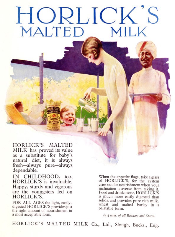 Advertisement for 'Horlick's Malted Milk'. A full-page advertisement for 'Horlick's Malted Milk', taken from the 1929 edition of 'The Times of India Annual'. The illustration depicts a British housewife serving the drink to an excited child, watched approvingly by an Indian servant. India, 1929. India, Southern Asia, Asia.