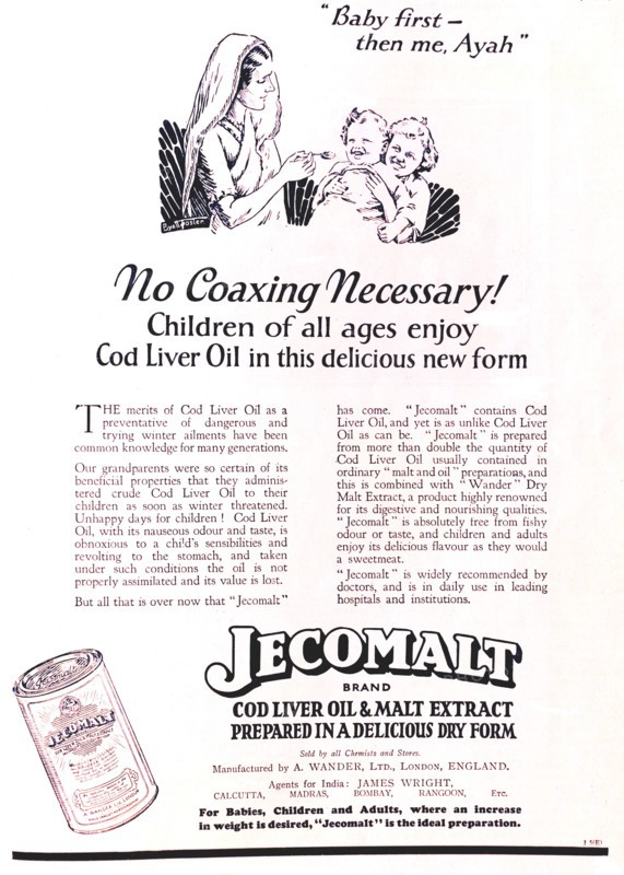 No coaxing necessary'. A full-page advertisement for 'Jecomalt' cod liver oil and malt extract, taken from the 1929 edition of 'The Times of India Annual'. The illustration depicts an Indian ayah (nursemaid) offering a spoon of the mixture to a British baby seated on a girl's lap. India, 1929. India, Southern Asia, Asia.