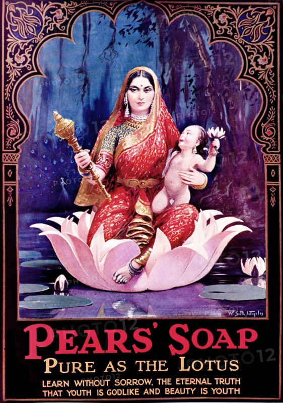 Advertisement for 'Pears' soap. A full-page advertisement for 'Pears' soap, taken from the 1929 edition of 'The Times of India Annual'. The illustration depicts an Indian woman, seated inside an open lotus flower holding a baby and a sceptre. India, 1929. India, Southern Asia, Asia.