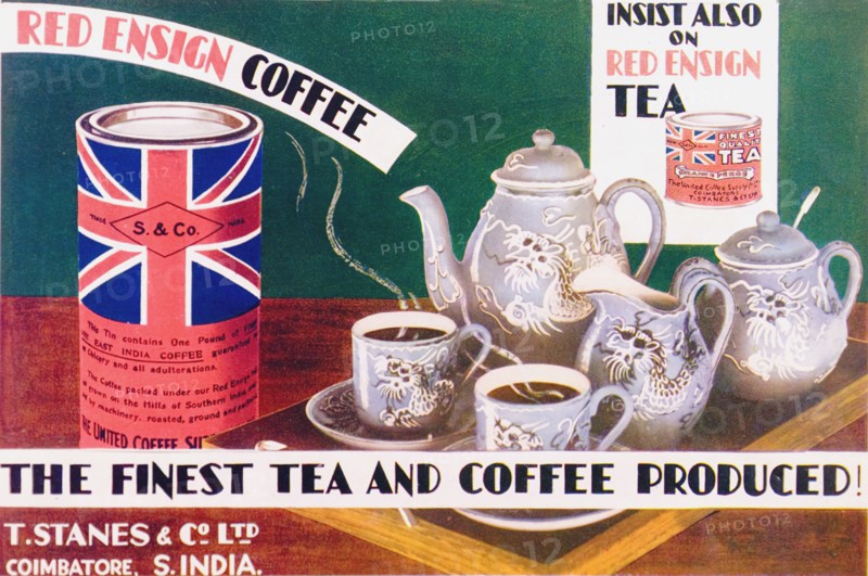The finest tea and coffee produced'. A half-page advertisement for 'Red Ensign' coffee and tea, taken from the 1929 edition of 'The Times of India Annual'. The illustration depicts an Oriental-style tea service including two cups of steaming black coffee. India, 1929. India, Southern Asia, Asia.