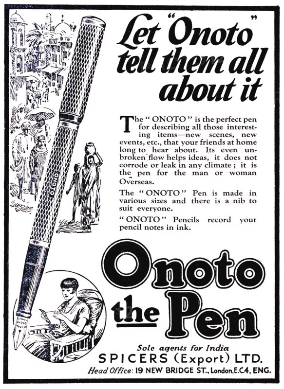 Let "Onoto" tell them all about it'. A quarter-page advertisement for the 'Onoto' fountain pen, taken from the 1929 edition of 'The Times of India Annual'. The illustration depicts a close-up of the pen with an Indian street scene in the background. An inset features a British woman reading a card written with an 'Onoto' pen. India, 1929. India, Southern Asia, Asia.