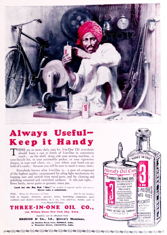Advertisement for 'Three-In-One' oil. A full-page advertisement for 'Three-In-One' oil, taken from the 1929 edition of 'The Times of India Annual'. The illustration of an Indian man surrounded by household objects indicates a diverse range of uses for the product. India, 1929. India, Southern Asia, Asia.