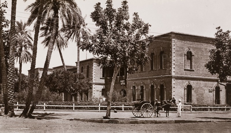 Post Office in Khartoum. Exterior view of the Post Office in Khartoum. A Sudanese man with a horse and cart stands outside in front of the two-storey, colonial-style building. Khartoum, Sudan, circa 1910. Karachi, Sindh, Pakistan, Southern Asia, Asia.