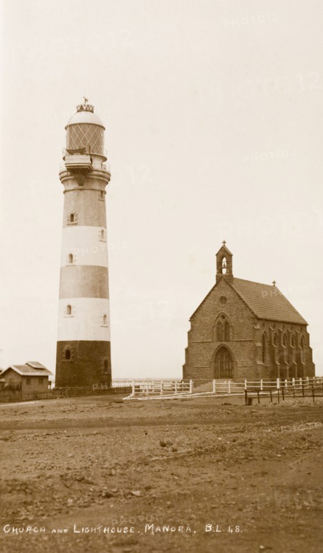 Manora Point lighthouse and St. Paul's Church. View of Manora Point lighthouse and St. Paul's Church, located on Manora Island overlooking Karachi Harbour. Manora Island, India (Pakistan), circa 1910. Manora Island, Sindh, Pakistan, Southern Asia, Asia.