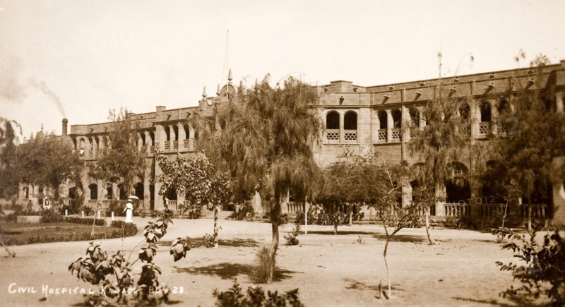 Civil hospital in Karachi. Exterior view of the civil hospital in Karachi. The long, arcaded, two-storey building was built in 1898 in colonial-style. Karachi, India (Pakistan), circa 1910. Karachi, Sindh, Pakistan, Southern Asia, Asia.