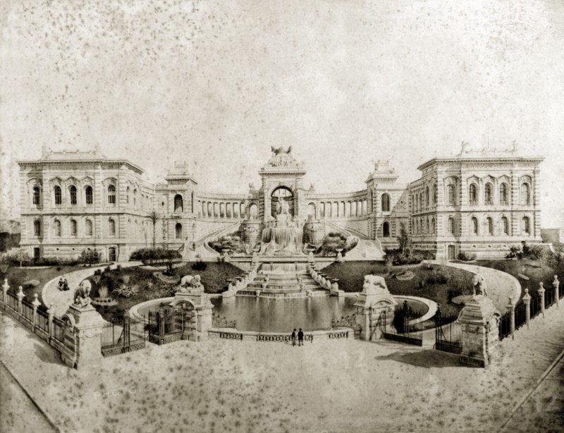Palais Longchamp, Marseille. View of the Palais Longchamp with its elaborate water features and formal gardens. Marseille, France, March 1901. Marseille, Provence-Alpes-Cote d'Azur, France, Western Europe, Europe .