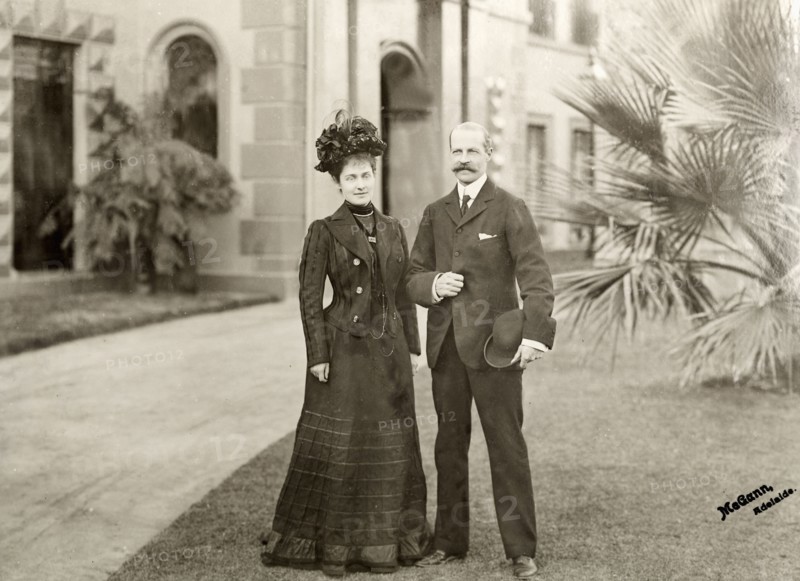 Sir Arthur and Lady Annie Lawley. Portrait of Sir Arthur and Lady Annie Lawley in the driveway of a colonial residence. Adelaide, Australia, 1901. Adelaide, South Australia, Australia, Australia, Oceania.