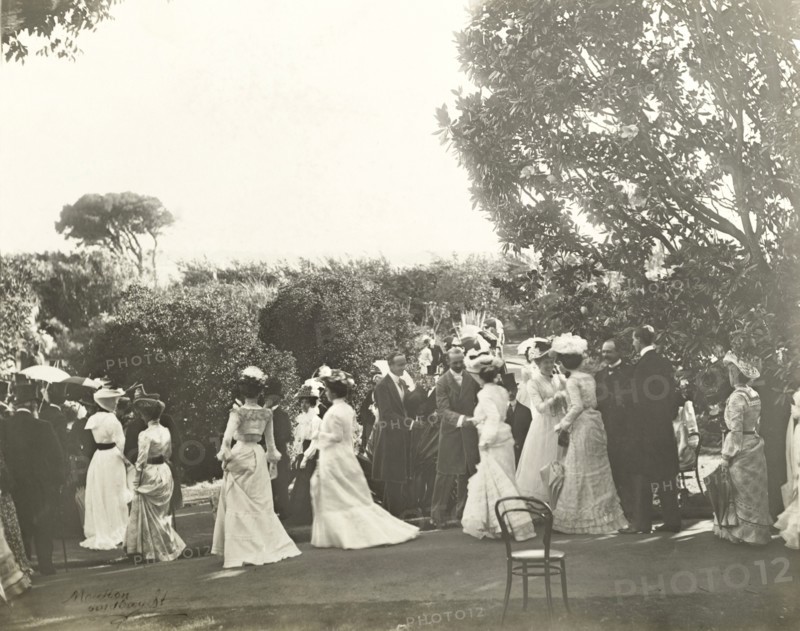 The Lawleys greet arriving guests. Sir Arthur and Lady Annie Lawley greet guests at a New Year's garden party organised by the Earl of Hopetoun, Governor General of Australia. Perth, Australia, January 1902. Perth, West Australia, Australia, Australia, Oceania.