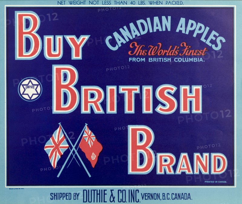 Apple box label from British Colombia. A fruit box label advertises 'British Brand' Canadian apples from British Colombia, shipped by Duthie & Co. Inc., and distributed throughout North America and the United Kingdom. The label is stamped with the Empire preference logo (the word 'Empire' inside a six-pointed star), indicating that suppliers from the British Commonwealth were to be given a preferred tariff. British Colombia, Canada, circa 1937., British Columbia, Canada, North America, North America .