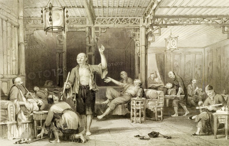 Inside a Chinese opium den. Several Chinese men recline in lounge chairs as they smoke opium through pipes inside an opium den. Although the oriental-style interior suggests a location in China, the engraving may feature a Chinese opium den in Europe where it was published. Location unknown, circa 1850.