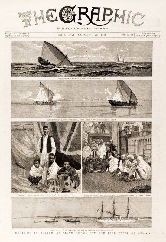HMS Garnet cruises for illegal slave dhows. Illustrations on the front page of 'The Graphic' newspaper depict HMS Garnet, a British Royal Navy patrol ship, cruising off the east coast of Africa in search of illegal slave dhows. Indian Ocean, 20 October 1888., Indian Ocean, Africa.