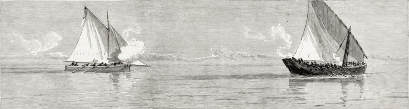 HMS Garnet attacks an illegal slave dhow. An illustration taken from the front page of 'The Graphic' newspaper depicts HMS Garnet, a British Royal Navy patrol ship, attacking an illegal slave dhow off the east coast of Africa. Indian Ocean, 20 October 1888., Indian Ocean, Africa.