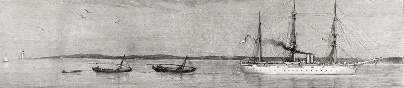 HMS Garnet comandeers illegal slave dhows. An illustration taken from the front page of 'The Graphic' newspaper depicts HMS Garnet, a British Royal Navy patrol ship, towing captured illegal slave dhows to Zanzibar. Indian Ocean, 20 October 1888., Indian Ocean, Africa.