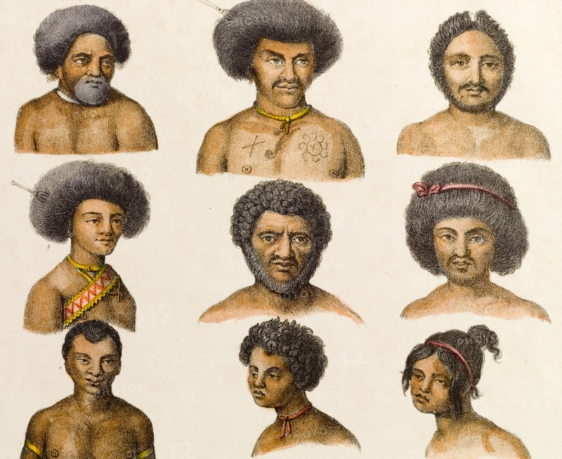 New Guinean headshots. An illustration by a German artist features headshots of nine male and female Papua New Guineans, based on accounts from famous French voyages of discovery. Depicted topless, some wear hair decorations including bows, ribbons and combs, whilst others display body tattoos and jewellery including armbands and necklaces. German New Guinea (Papua New Guinea), circa 1839. Papua New Guinea, South East Asia, Asia.